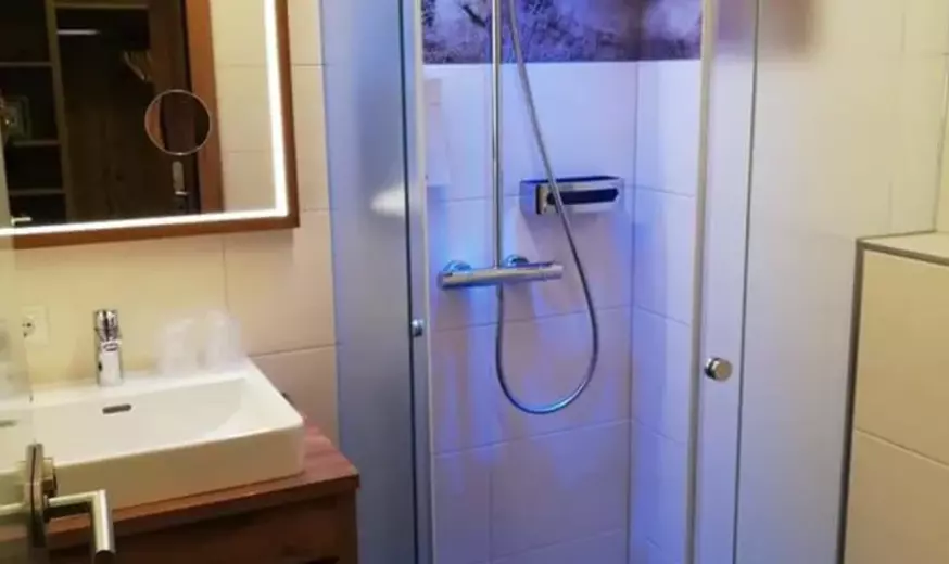Badezimmer mit beleuchtetem Spiegel und Dusche